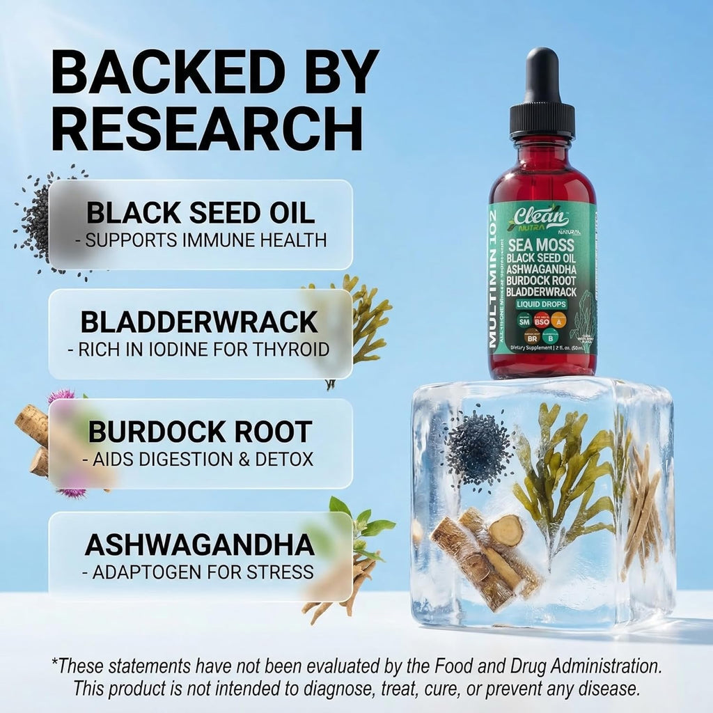 Clean Nutra Organic Sea Moss Drops - Multimineral Líquido con Ashwagandha y Aceite de Nigella