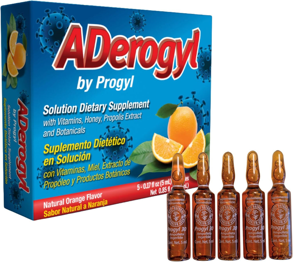 Aderogyl Multivitamínico Líquido con Vitaminas A, C, D, E, Zinc, Miel y Propóleo - 5 Ampollas Sabor Naranja