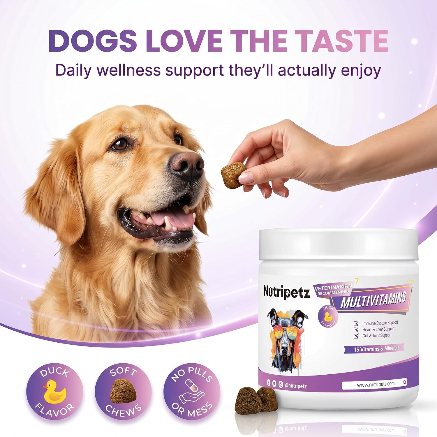 Nutripetz Suplemento Multivitamínico para Perros y Gatos, 120 Masticables Sabor Pato con Glucosamina y Probióticos