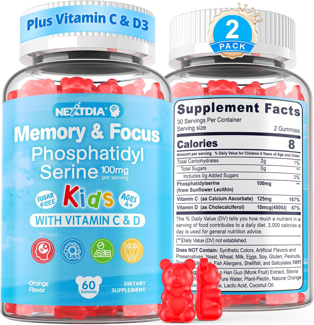 Nextdia Phosphatidylserina 100mg Gomitas para Niños y Adolescentes - Con Vitamina C y D3 - Sin Azúcar, Vegano, Sin Gluten - 2 Paquetes