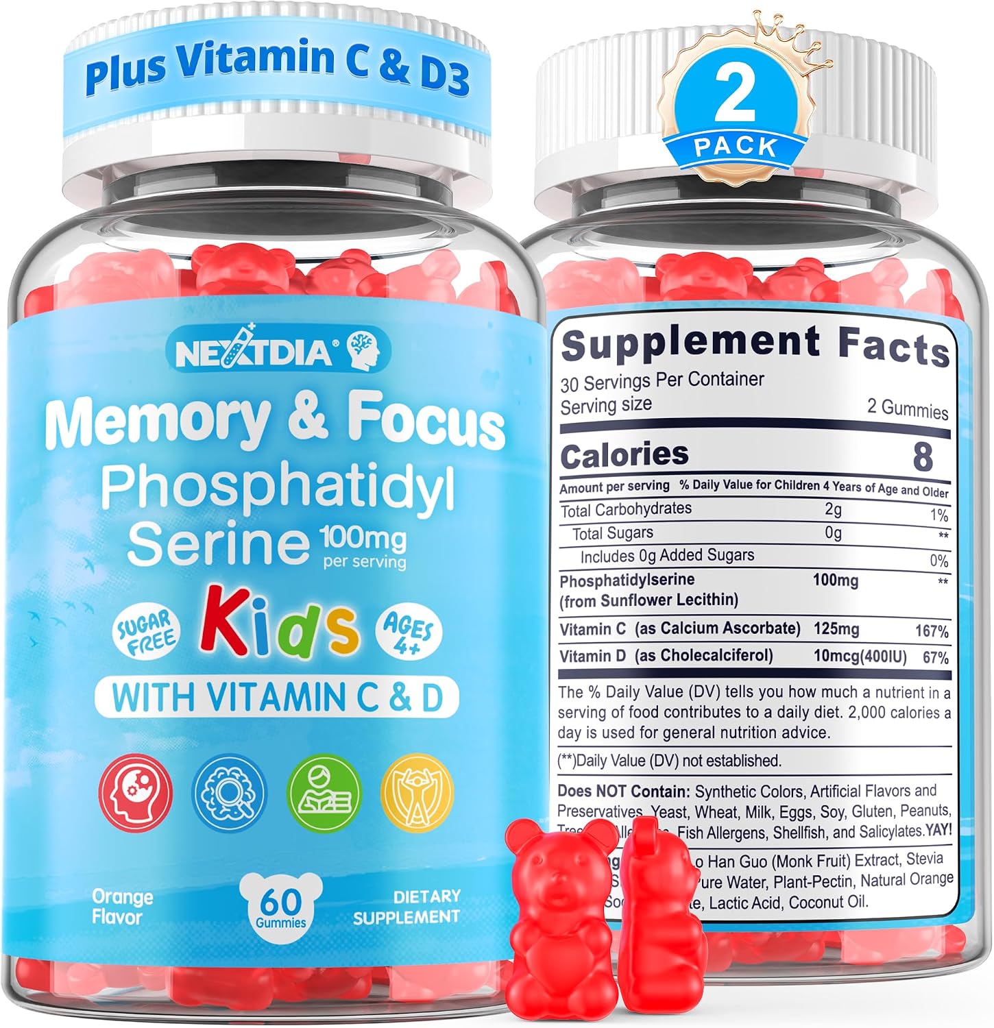 Nextdia Phosphatidylserina 100mg Gomitas para Niños y Adolescentes - Con Vitamina C y D3 - Sin Azúcar, Vegano, Sin Gluten - 2 Paquetes