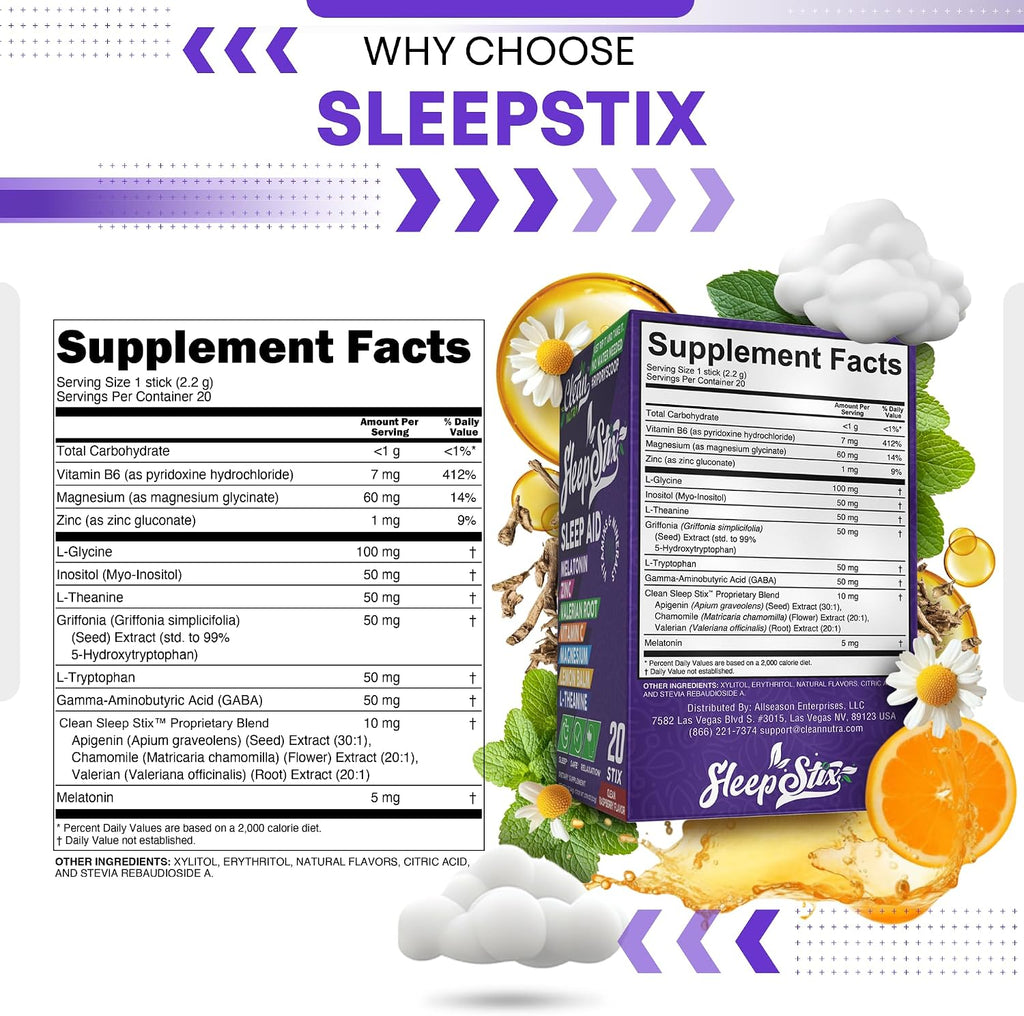 Clean Nutraceuticals Sleep Aid – Polvo de Melatonina con Triptófano, Glicina, Valeriana, Magnesio, L-teanina, Zinc, Inositol, GABA, B6, 5-HTP – 20 Sticks