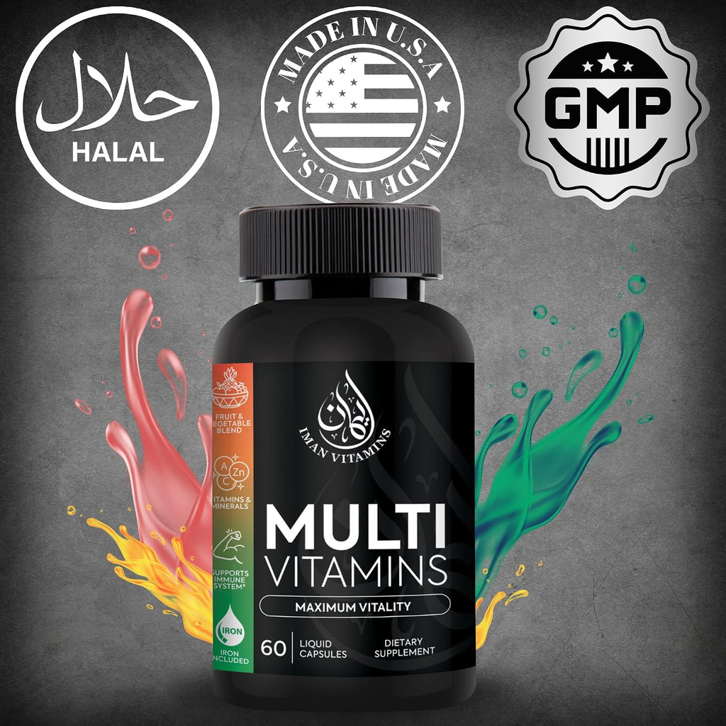 Iman Vitamins Halal Complete Multivitamin - Cápsulas Multivitamínicas para Adultos con 42 Frutas y Verduras, Hierro, Zinc, CoQ10 y Vitaminas