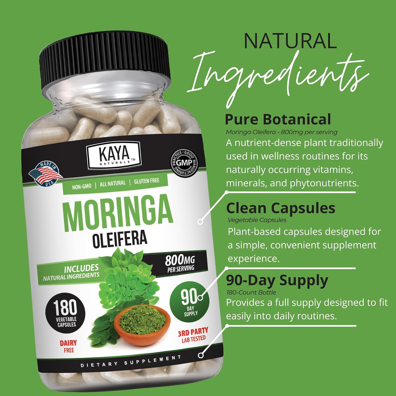Kaya Naturals Extracto de Hoja de Moringa - Superfood Verde Completo - 180 Cápsulas Vegetales