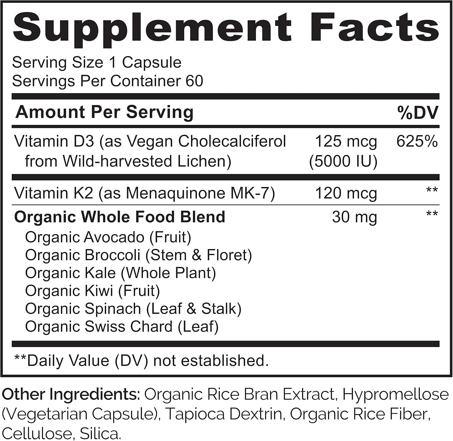 NATURELO Vitamina D3 + K2 Vegano, 60 Cápsulas