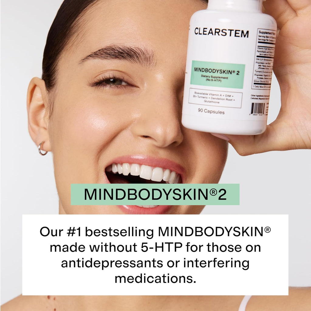 CLEARSTEM - MINDBODYSKIN Hormonal Acne Supplement (No 5-HTP) - Natural DIM Supplement - Skin Care Vitamins - Hormone Balance, Antioxidants - Gluten Free, Cruelty Free - 30 Servings, 90 Capsules