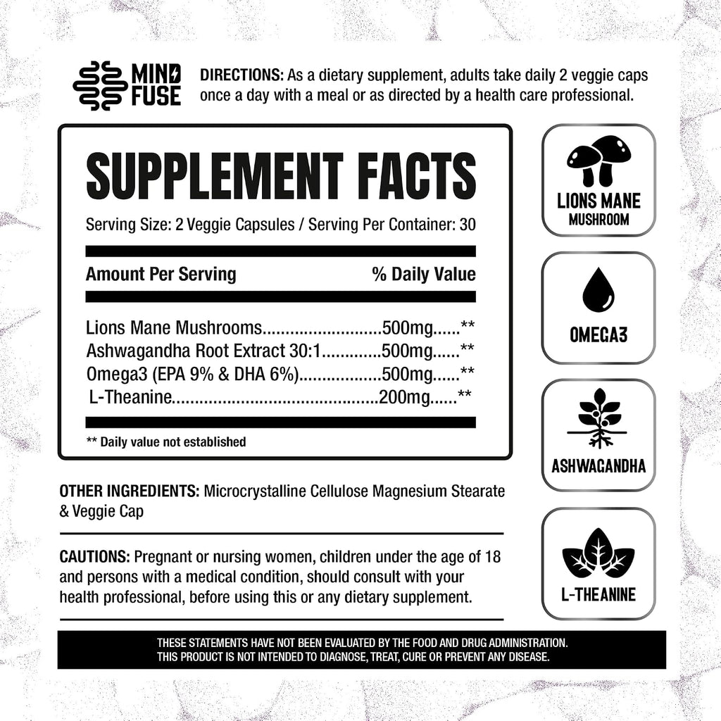 Mind Fuse Nootropic Memory Booster - Cápsulas de Lion's Mane con Omega-3, Ashwagandha y L-Theanine para el Enfoque y la Memoria - Sin Gluten 60 Cápsulas