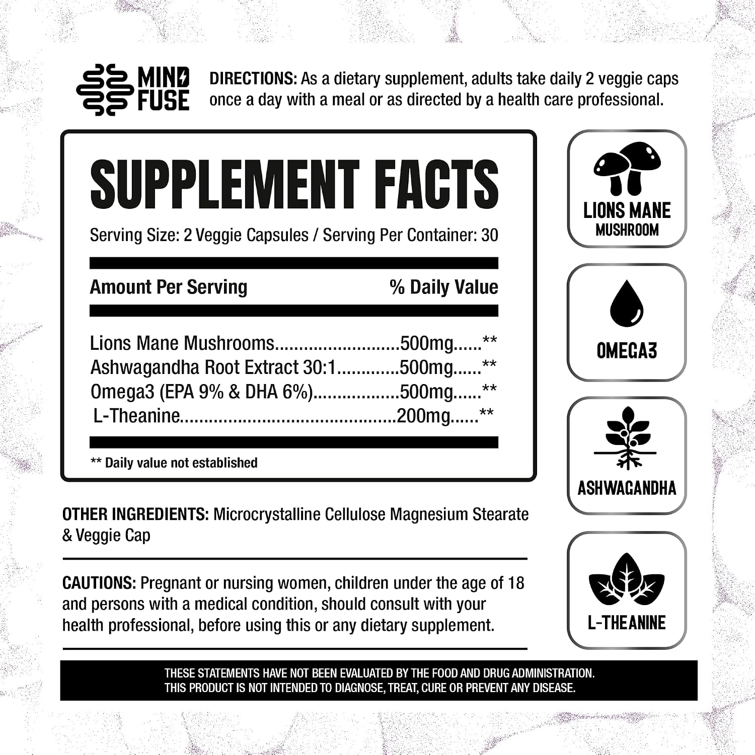 Mind Fuse Nootropic Memory Booster - Cápsulas de Lion's Mane con Omega-3, Ashwagandha y L-Theanine para el Enfoque y la Memoria - Sin Gluten 60 Cápsulas