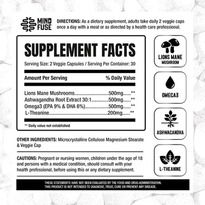 Mind Fuse Nootropic Memory Booster - Cápsulas de Lion's Mane con Omega-3, Ashwagandha y L-Theanine para el Enfoque y la Memoria - Sin Gluten 60 Cápsulas