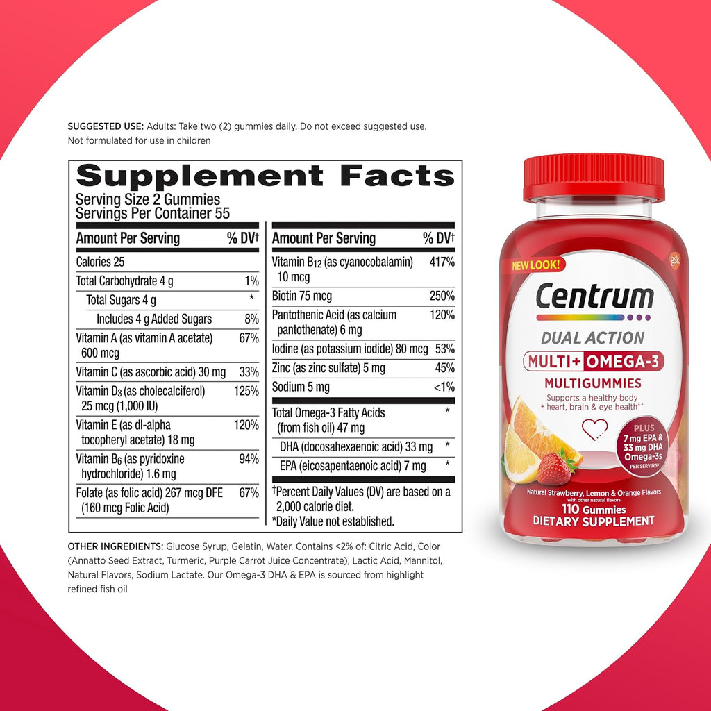 Centrum MultiGummies Multi+ Omega 3 Dual Action - Multivitamínico para adultos con omega-3, sabor fresa/limón/naranja, 110 gominolas