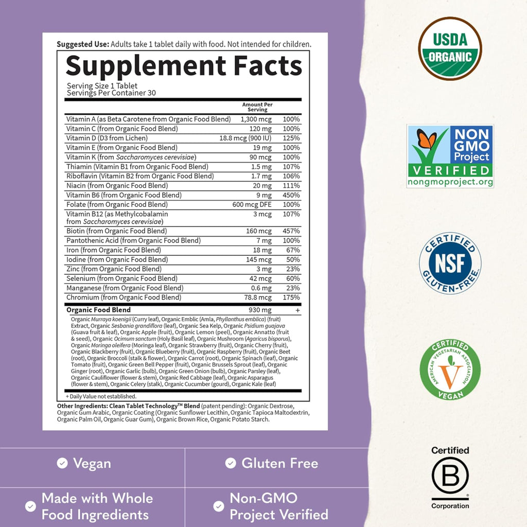 Garden of Life Organics Multivitamínico Prenatal con Folato, B6, B12, D3 y Hierro, 30 Comprimidos