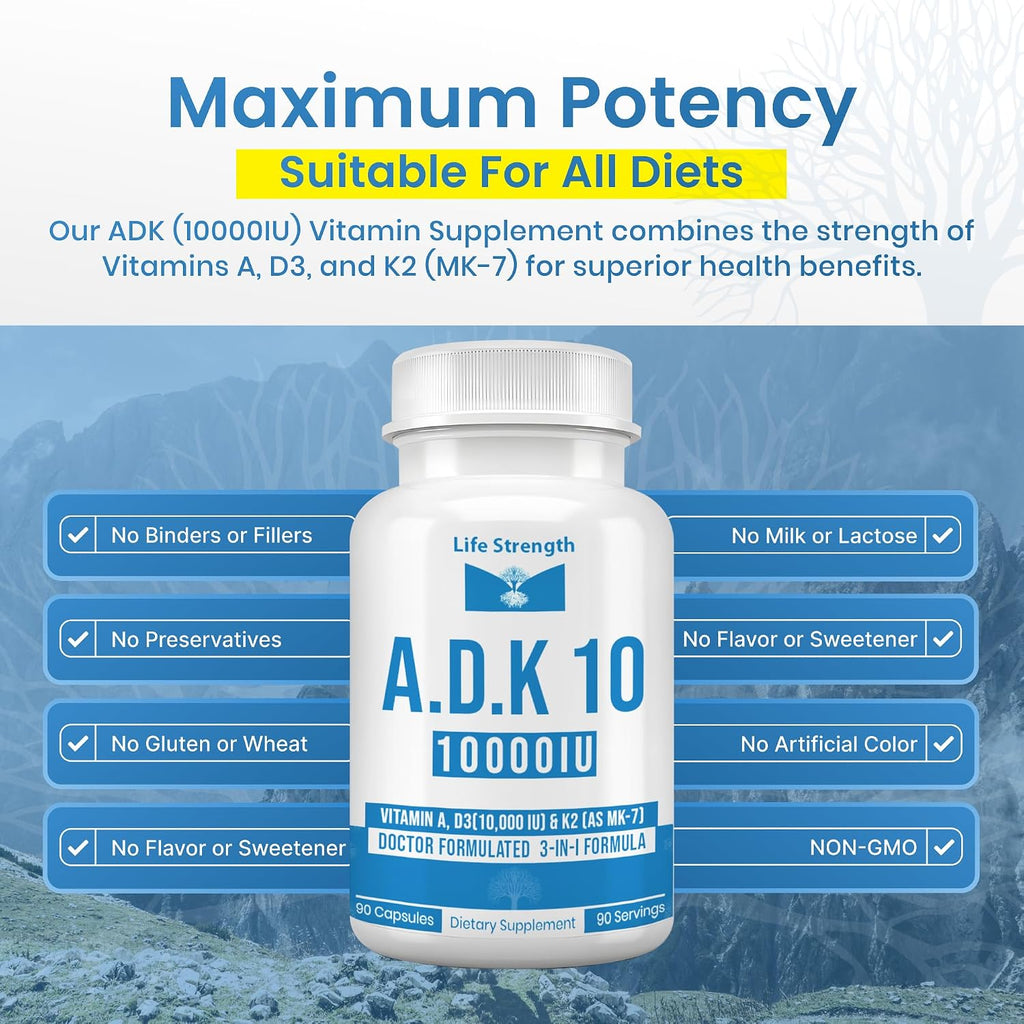 LifeStrength ADK 10 - 90 Cápsulas - Complejo de Vitaminas A, D3 10.000 UI y K2 (MK-7)