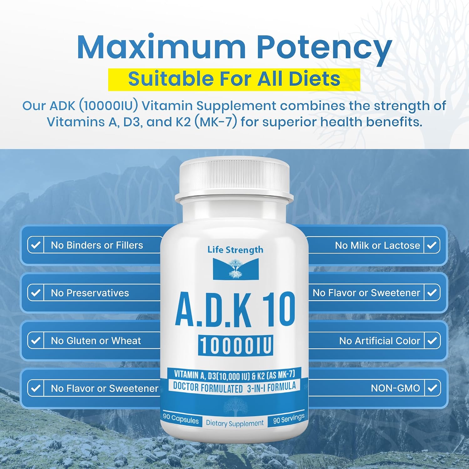 LifeStrength ADK 10 - 90 Cápsulas - Complejo de Vitaminas A, D3 10.000 UI y K2 (MK-7)