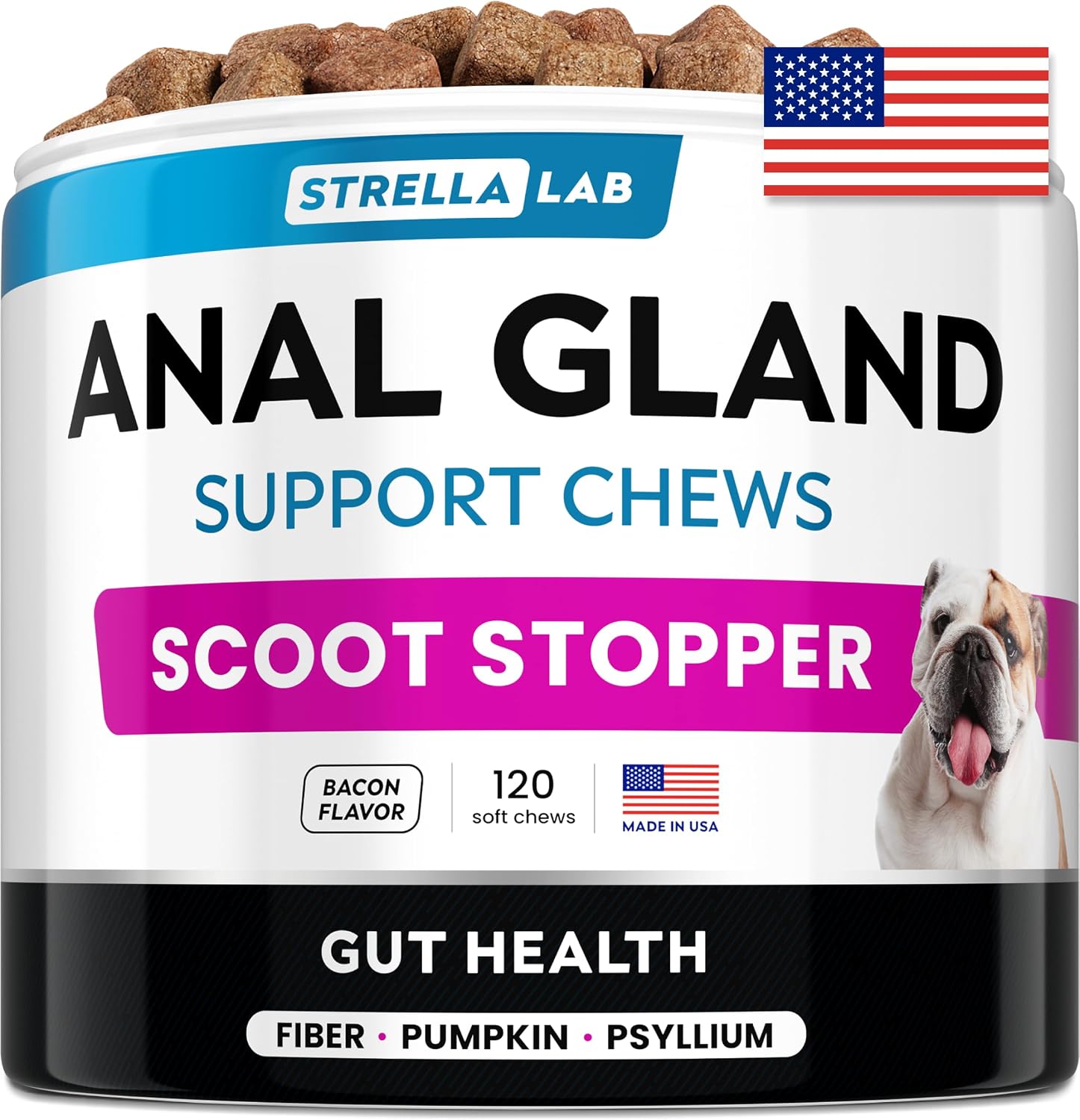 STRELLALAB Anal Gland Support Chews - Suplemento Digestivo con Fibra y Prebióticos para Perros, 120 masticables