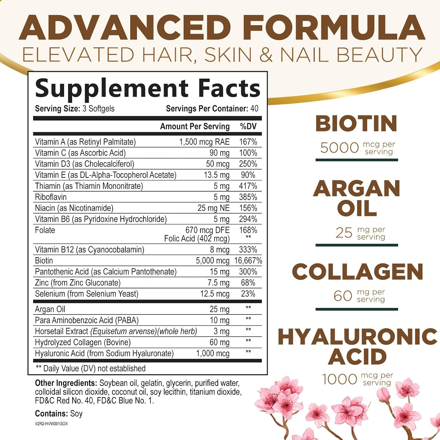 Nature's Nutrition - Biotina 5000 mcg con Colágeno y Ácido Hialurónico para Cabello, Piel y Uñas - 120 Cápsulas Blandas