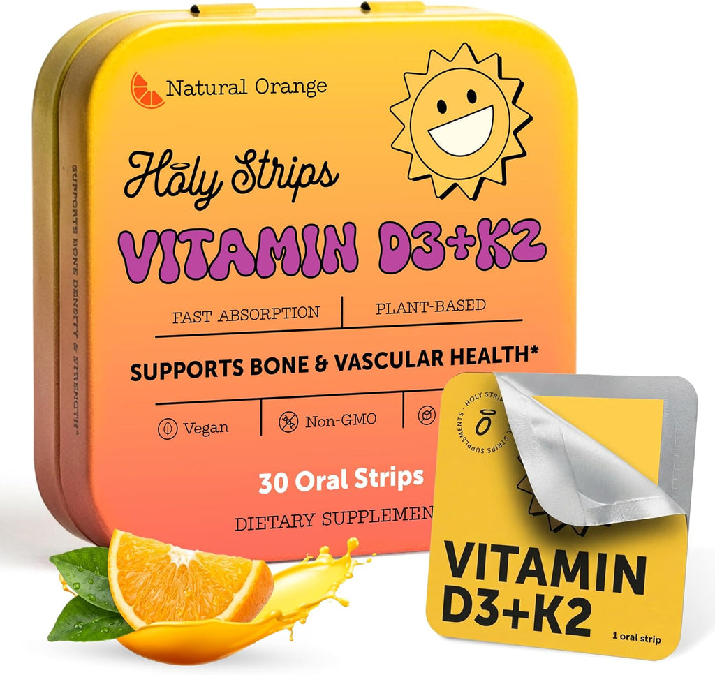 Vitamin D3 K2 Supplement 5000 IU - Tiras Orales de Rápida Absorción para Huesos y Corazón - Fórmula Vegana - No GMO - Sin Azúcar (30 Tiras)