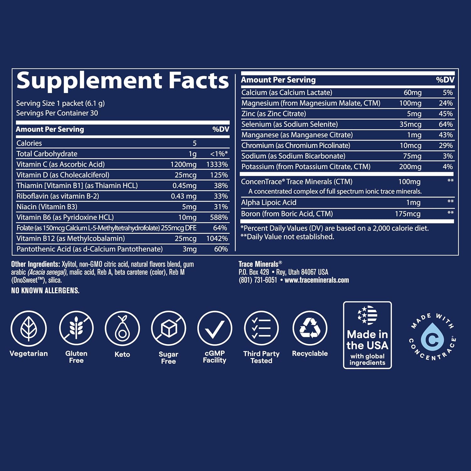 Trace Minerals Power Pak Multivitamínico y Minerales Traza - 1200 mg Vitamina C - 30 Sobres