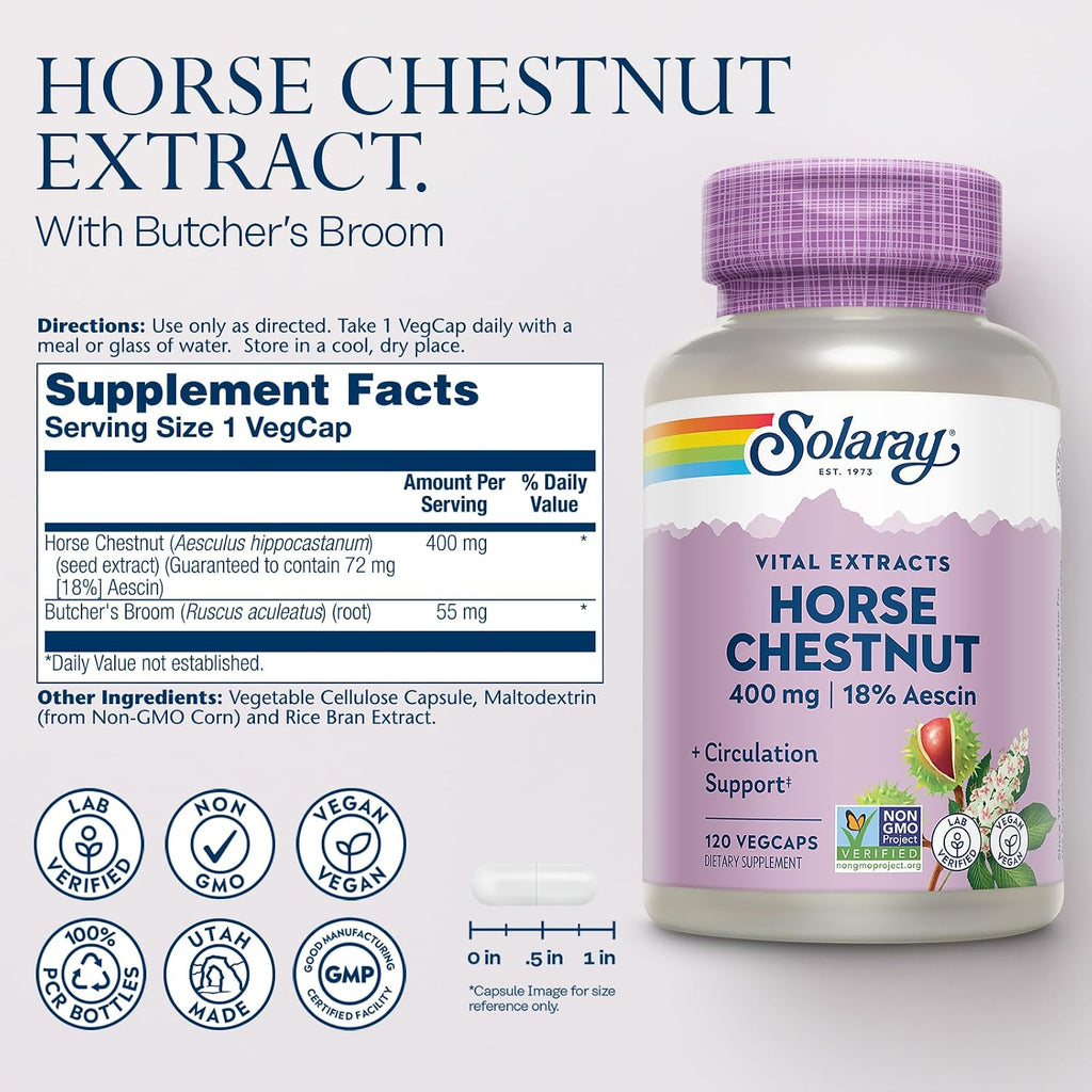 Solaray Extracto de Castaño de Indias 400 mg - Estandarizado a 72 mg de Escina - con Rusco - Complemento Alimenticio Vegano - 120 Cápsulas