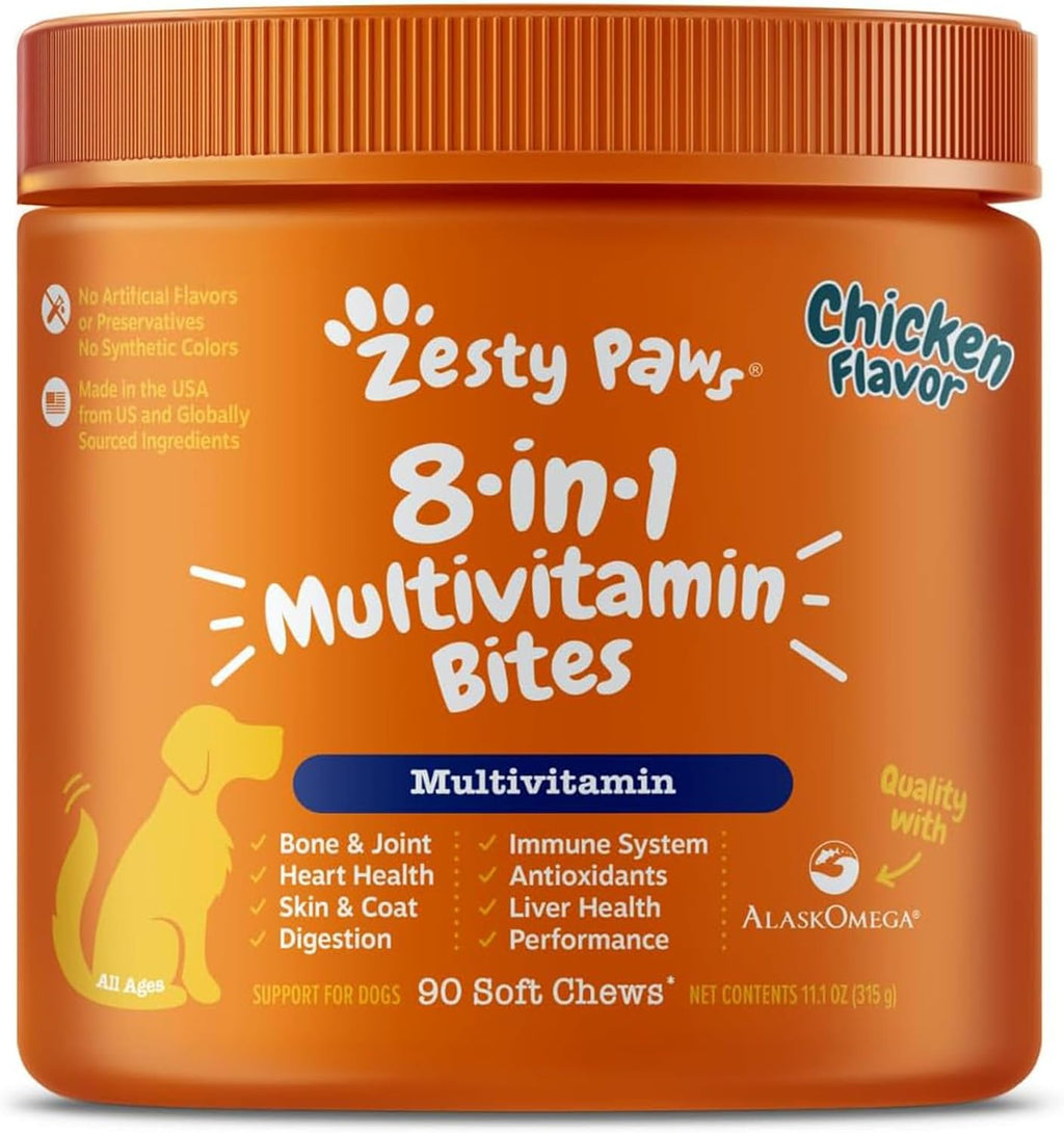 Zesty Paws Multivitamínico para perros - Masticables con omega 3, glucosamina y probióticos - Sabor a pollo - 90 unidades