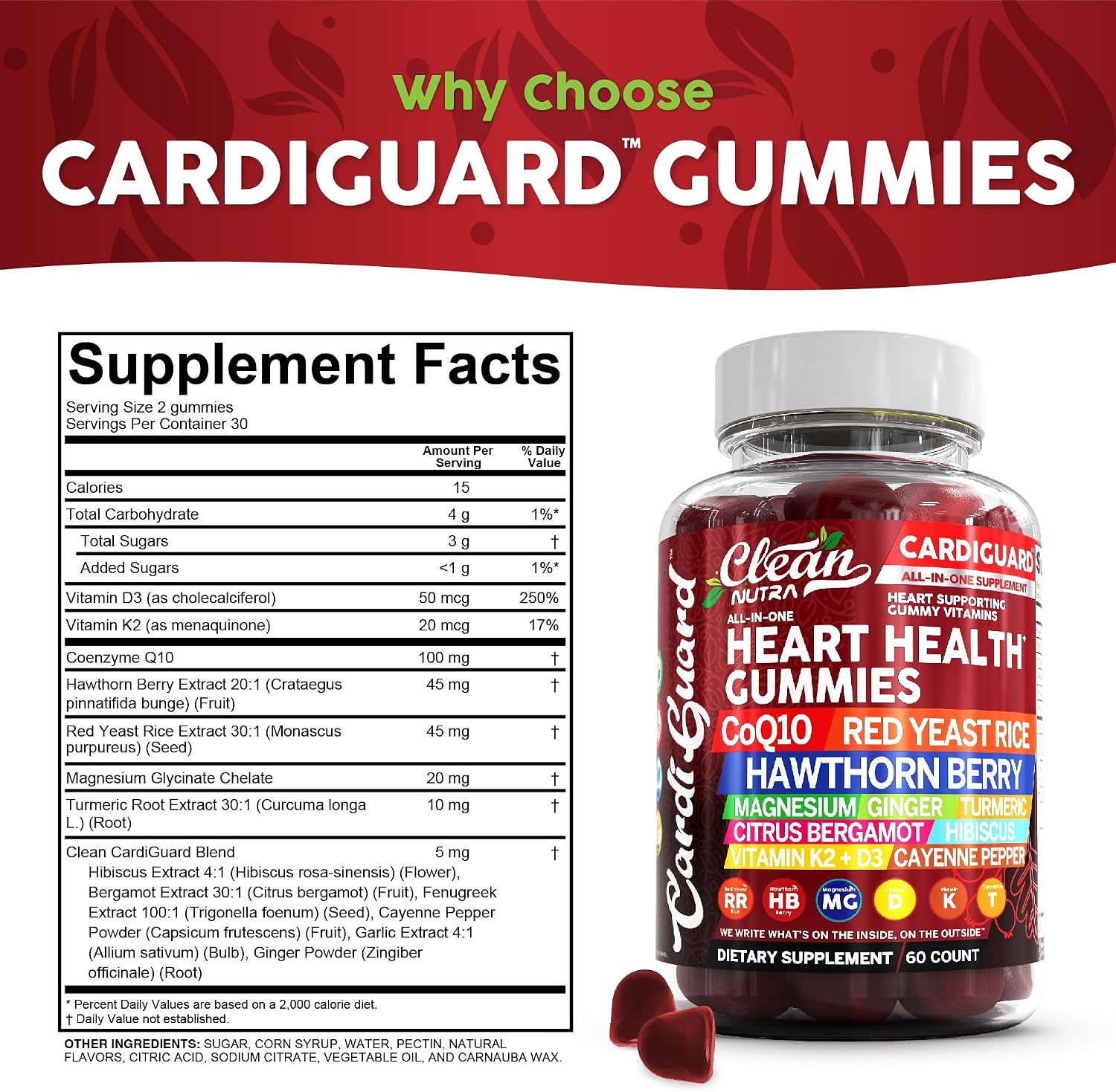 Clean Nutraceuticals CoQ10 Gummies - CardiGuard - Gominolas de Coenzima Q10 con Arroz de Levadura Roja, Espino Blanco, Jengibre, Cúrcuma, Bergamota, Hibisco, Vitamina K2+D3, Magnesio Glicinato, Pimienta de Cayena y Fenogreco - Sabor Naranja