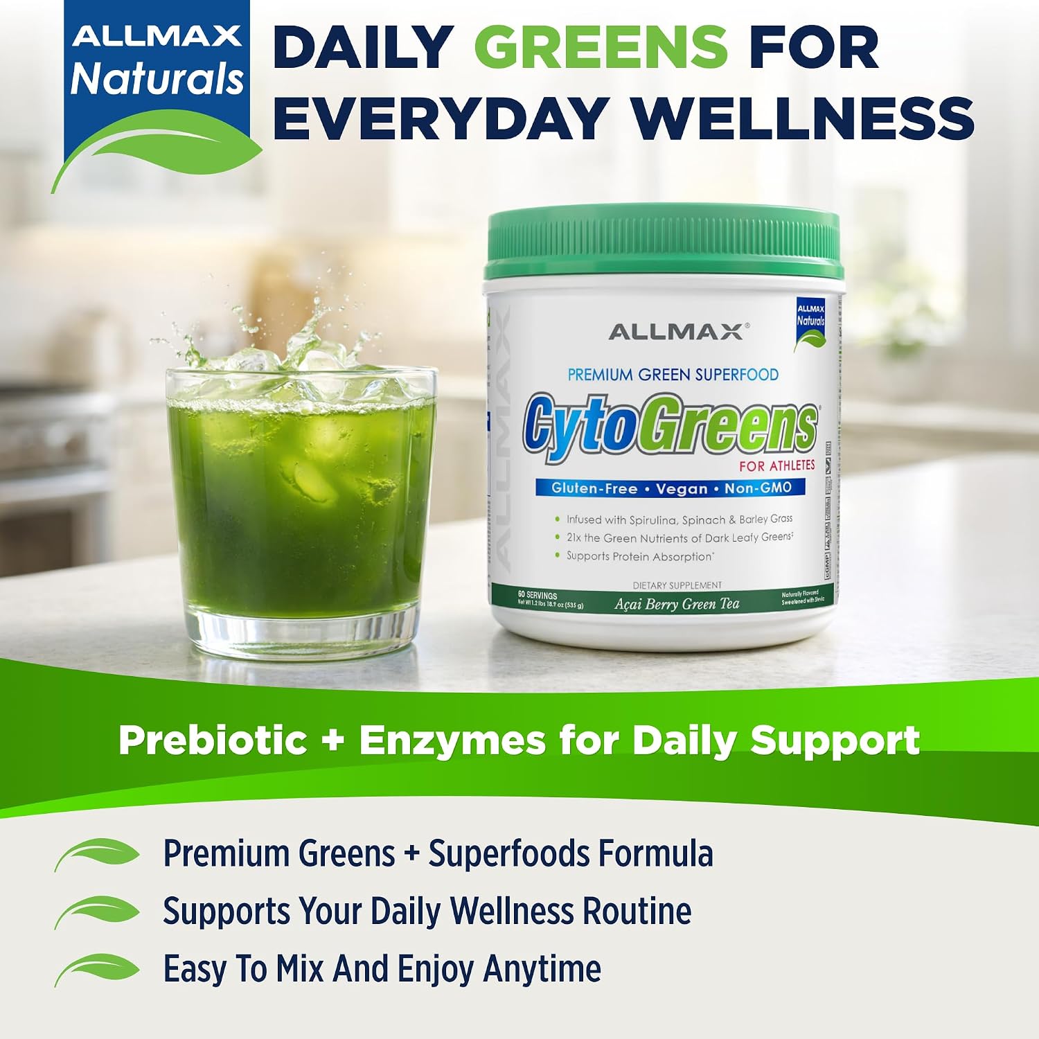ALLMAX CytoGreens Super Greens Powder - Acai Berry Green Tea (60 porciones)