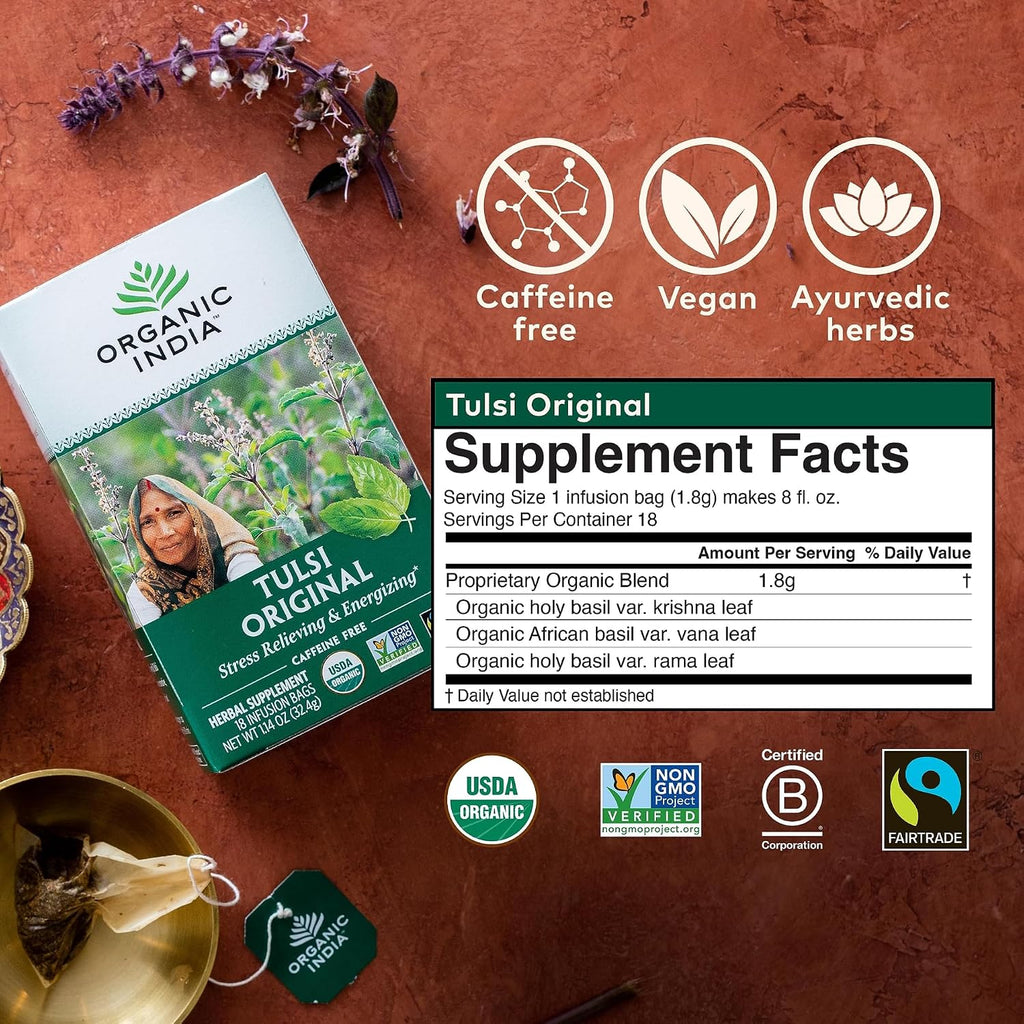 ORGANIC INDIA Té de Tulsi Original - Infusión de Albahaca Sagrada y Albahaca Africana, Relajante, Sin Cafeína - 18 Bolsitas, Pack de 3