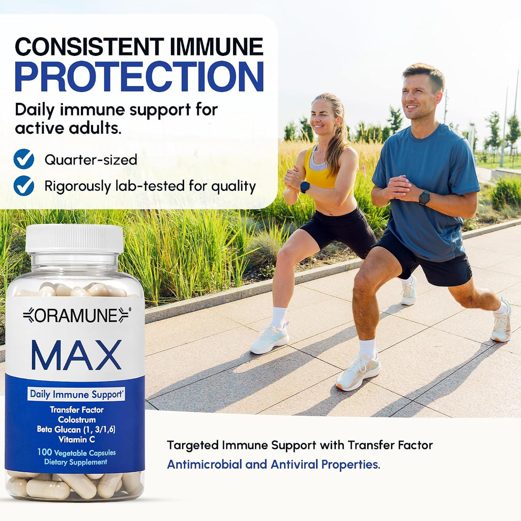 Oramune Max Support – Suplemento Inmunitario con Transfer Factor, Calostro Bovino, Beta-Glucano y Vitamina C – 100 Cápsulas