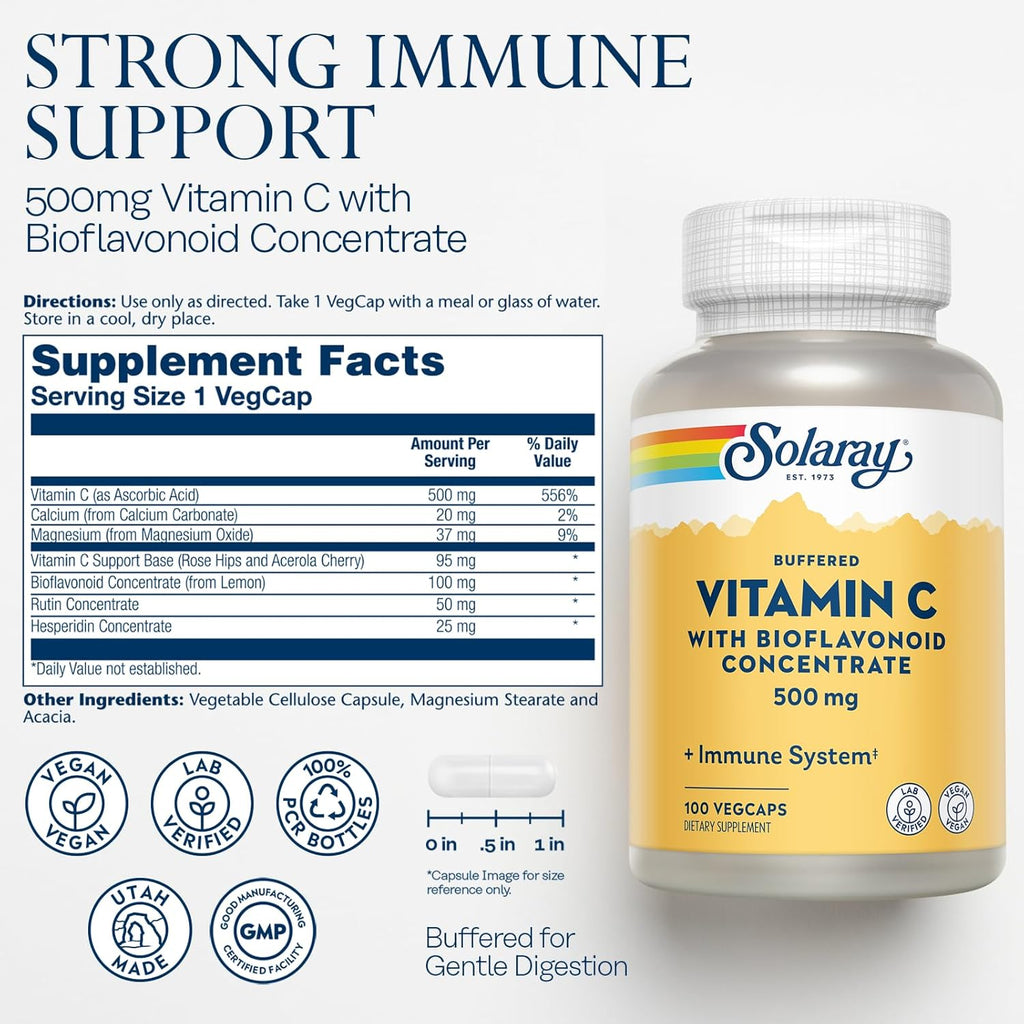 SOLARAY Vitamina C Buffered 500 mg con Bioflavonoides, Escaramujo y Acerola - 100 Cápsulas Veganas