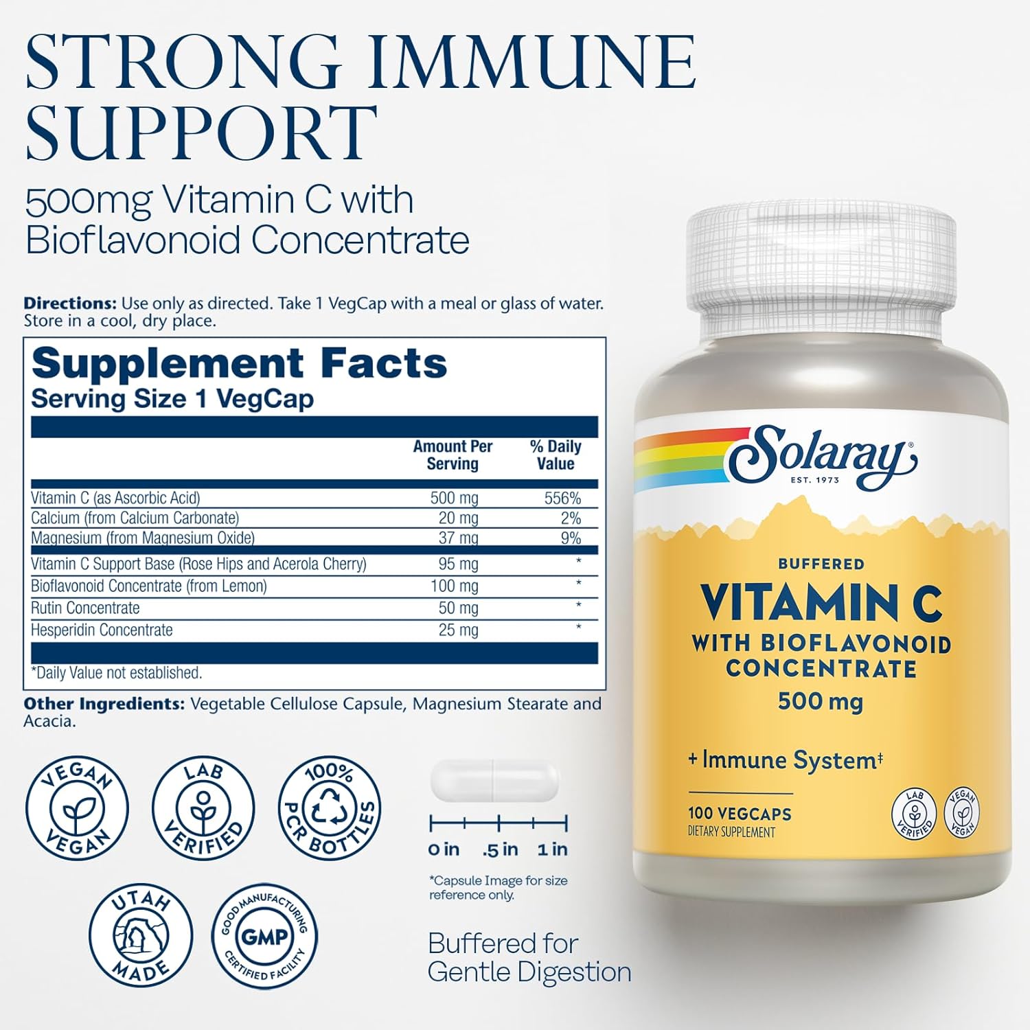 SOLARAY Vitamina C Buffered 500 mg con Bioflavonoides, Escaramujo y Acerola - 100 Cápsulas Veganas