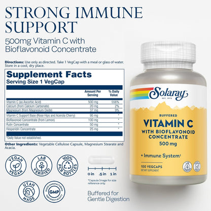 SOLARAY Vitamina C Tamponada 500 mg con Bioflavonoides, Escaramujo y Acerola - 100 Cápsulas Veganas – Image 2