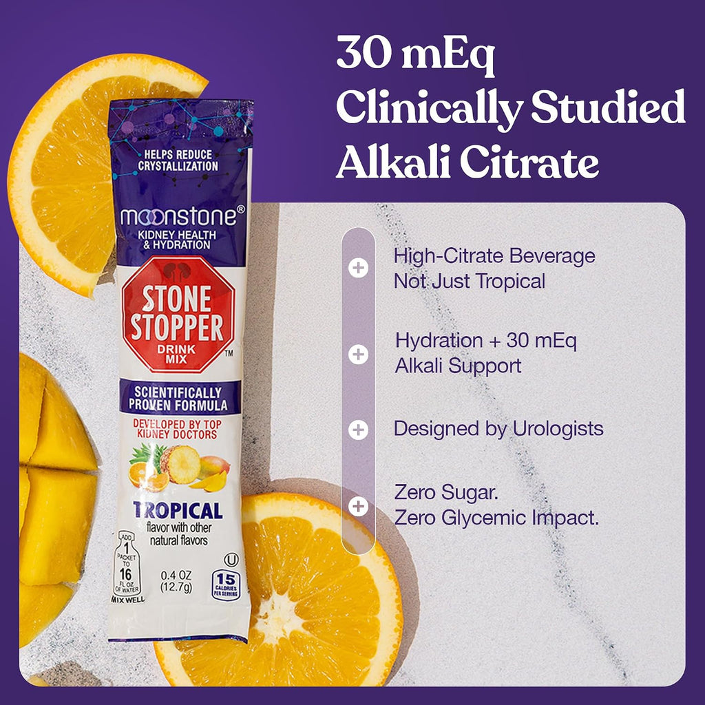Moonstone Stone Stopper Drink Mix, Tropical - Prevención de Cálculos Renales, 15 Días