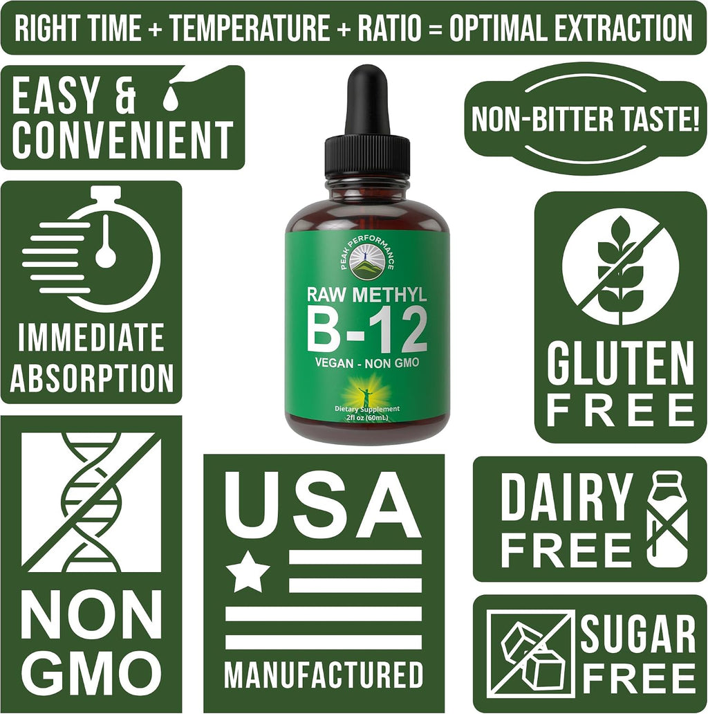 Raw Methyl B12 Liquid Drops - Gotas Sublinguales de Metilcobalamina - Suplemento Líquido Vegano de Vitamina B12 de Alta Biodisponibilidad