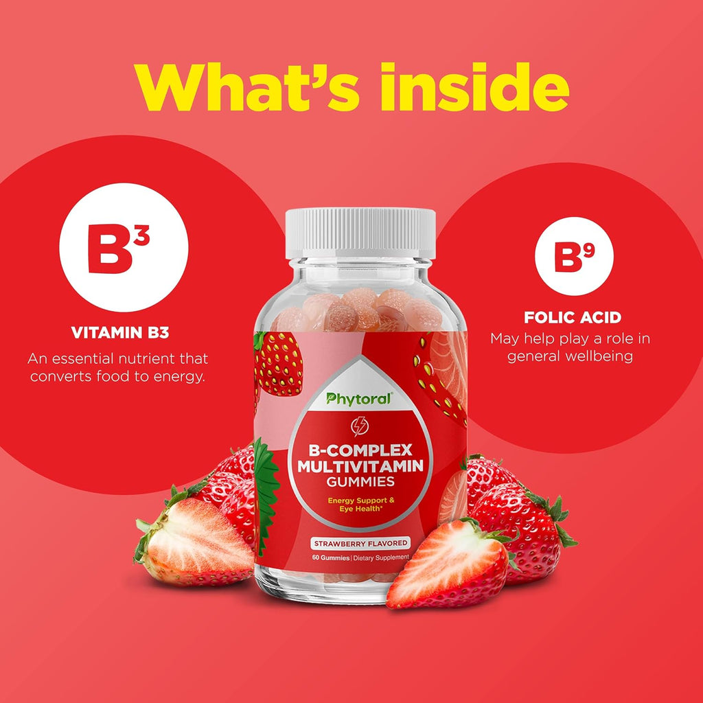 Complejo B en Gominolas para Adultos y Niños - Vitaminas B1, B2, B3, B6, B12 y Folato con Vitamina C - 60 Gominolas
