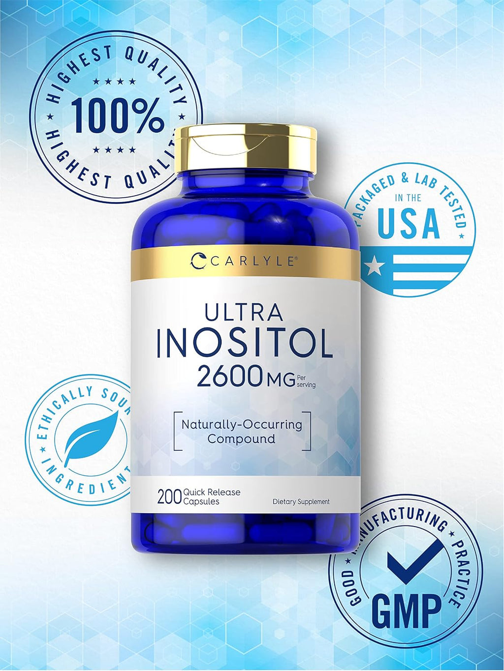 Carlyle Inositol 2600 mg - 200 Cápsulas - Myo-Inositol - No GMO, Sin Gluten