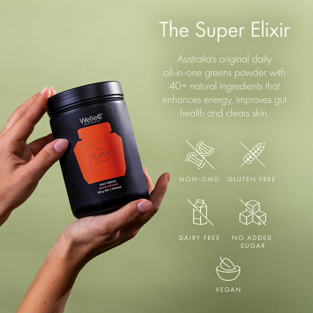 WelleCo The Super Elixir Daily Greens Powder - Sabor Naranja Sangre (Frasco)