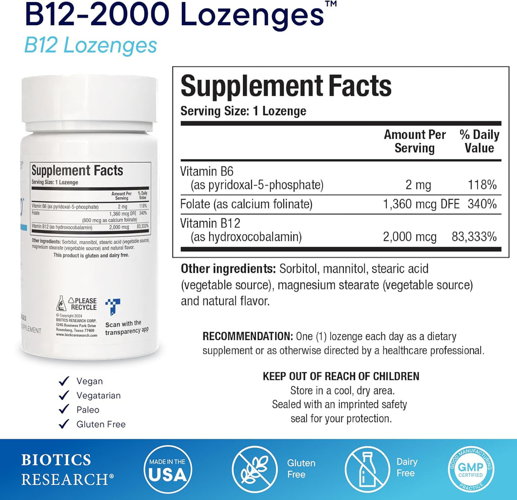 BIOTICS RESEARCH B12-2000™ Vitamina B12 2000 mcg, B6, Folato – Pastillas sublinguales, Apoyo a la metilación, Alta potencia, Sabor a bayas, 60 unidades