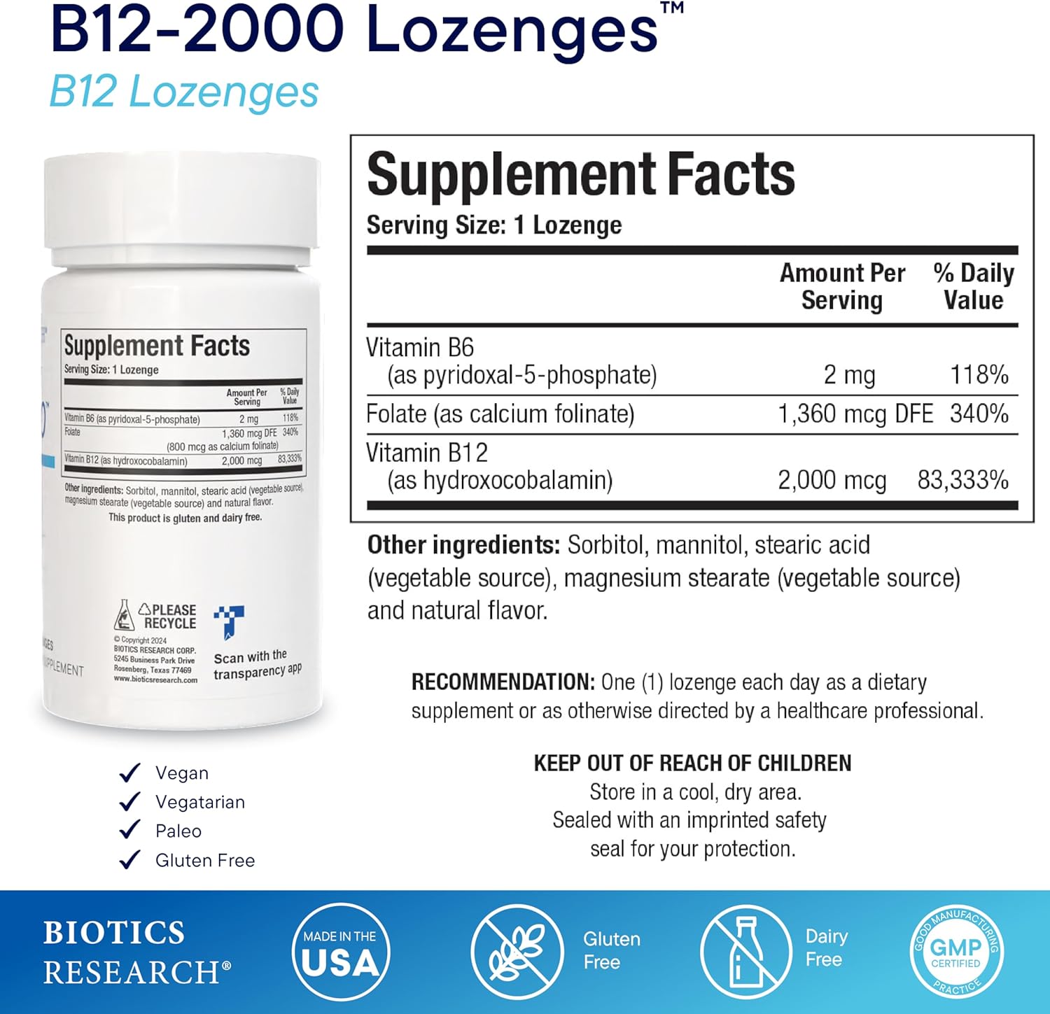 BIOTICS RESEARCH B12-2000™ Vitamina B12 2000 mcg, B6, Folato – Pastillas sublinguales, Apoyo a la metilación, Alta potencia, Sabor a bayas, 60 unidades