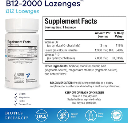 BIOTICS RESEARCH B12-2000™ Vitamina B12 2000 mcg, B6, Folato – Pastillas sublinguales, Apoyo a la metilación, Alta potencia, – Image 2