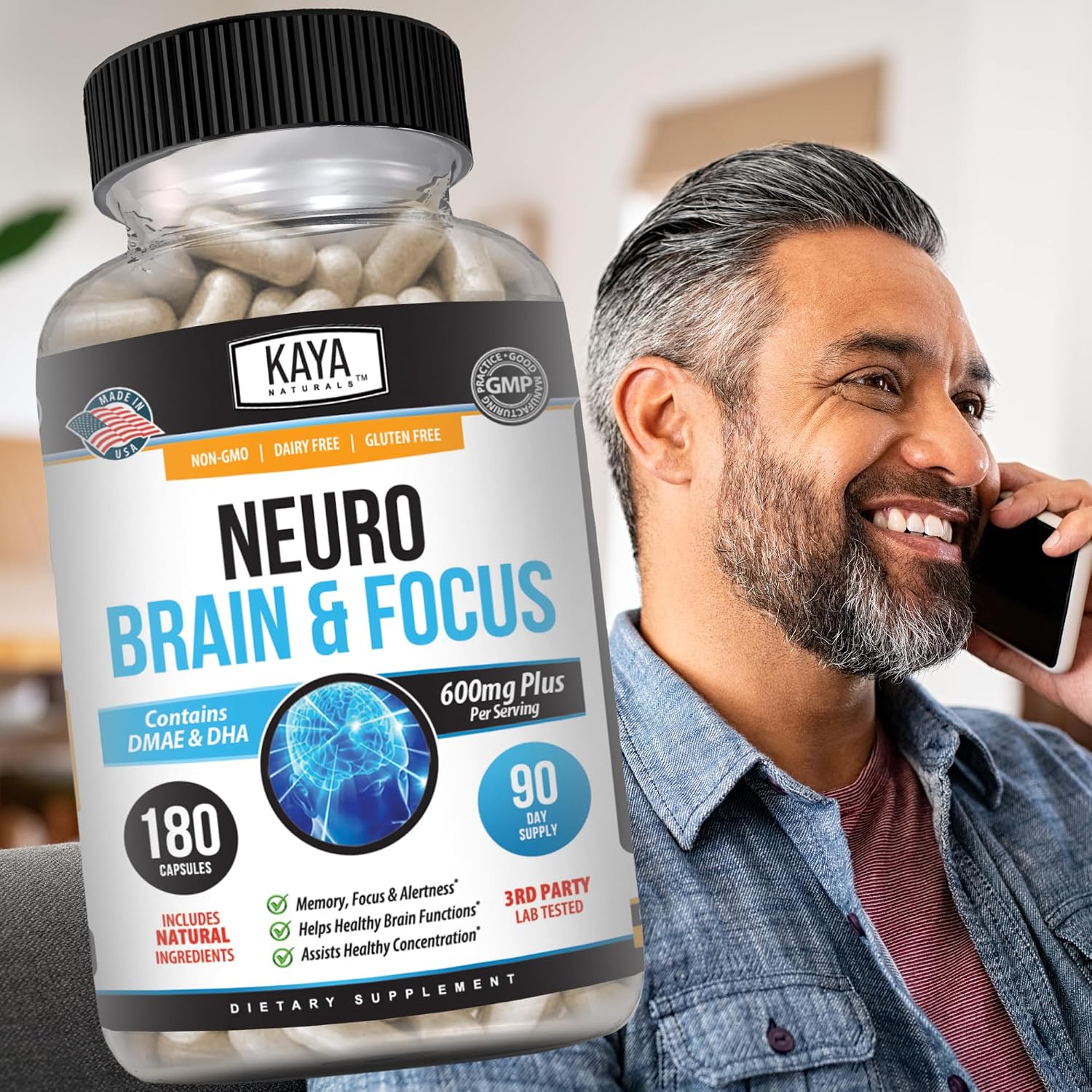 Kaya Naturals Neuro Brain - Suplemento Nootrópico para Memoria y Concentración (180 Cápsulas)