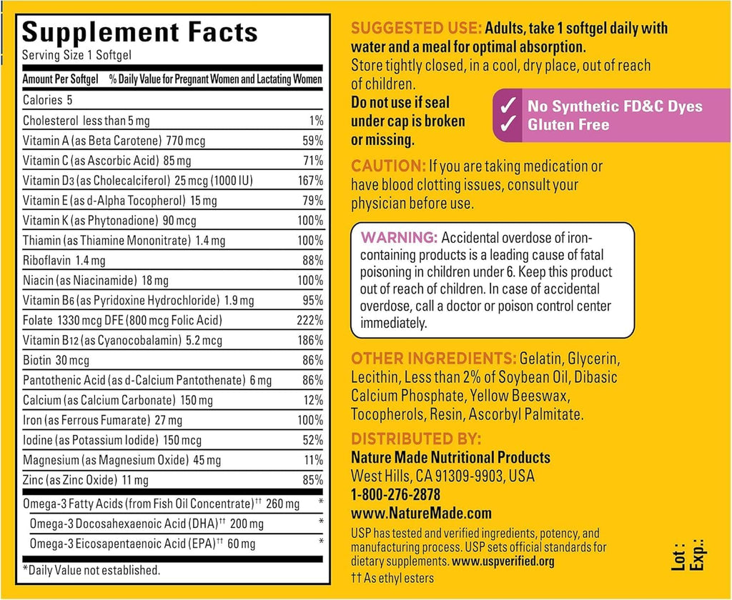 Nature Made Prenatal + DHA 200 mg Multivitamínico en Cápsulas Blandas, 60 unidades