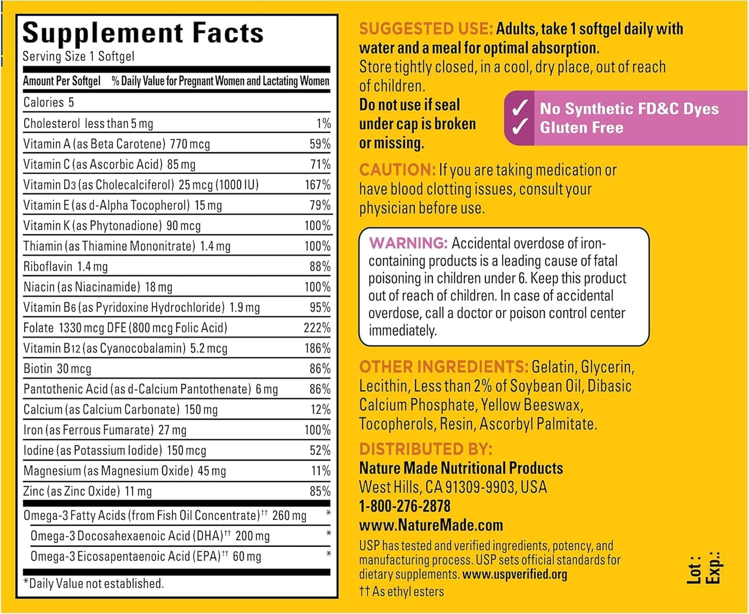 Nature Made Prenatal + DHA 200 mg Multivitamínico en Cápsulas Blandas, 60 unidades