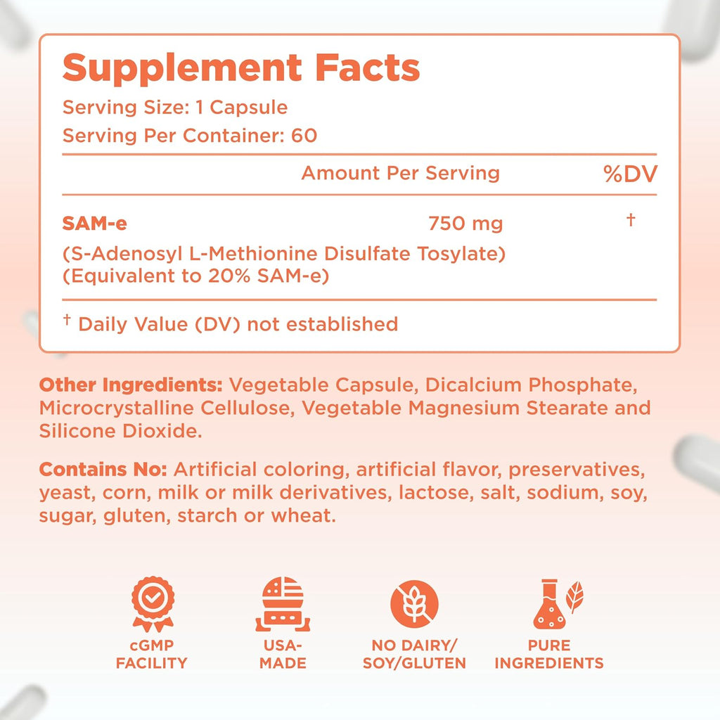 Clear Formulas Bioactive SAM-e 750mg - 60 Cápsulas Veganas No GMO