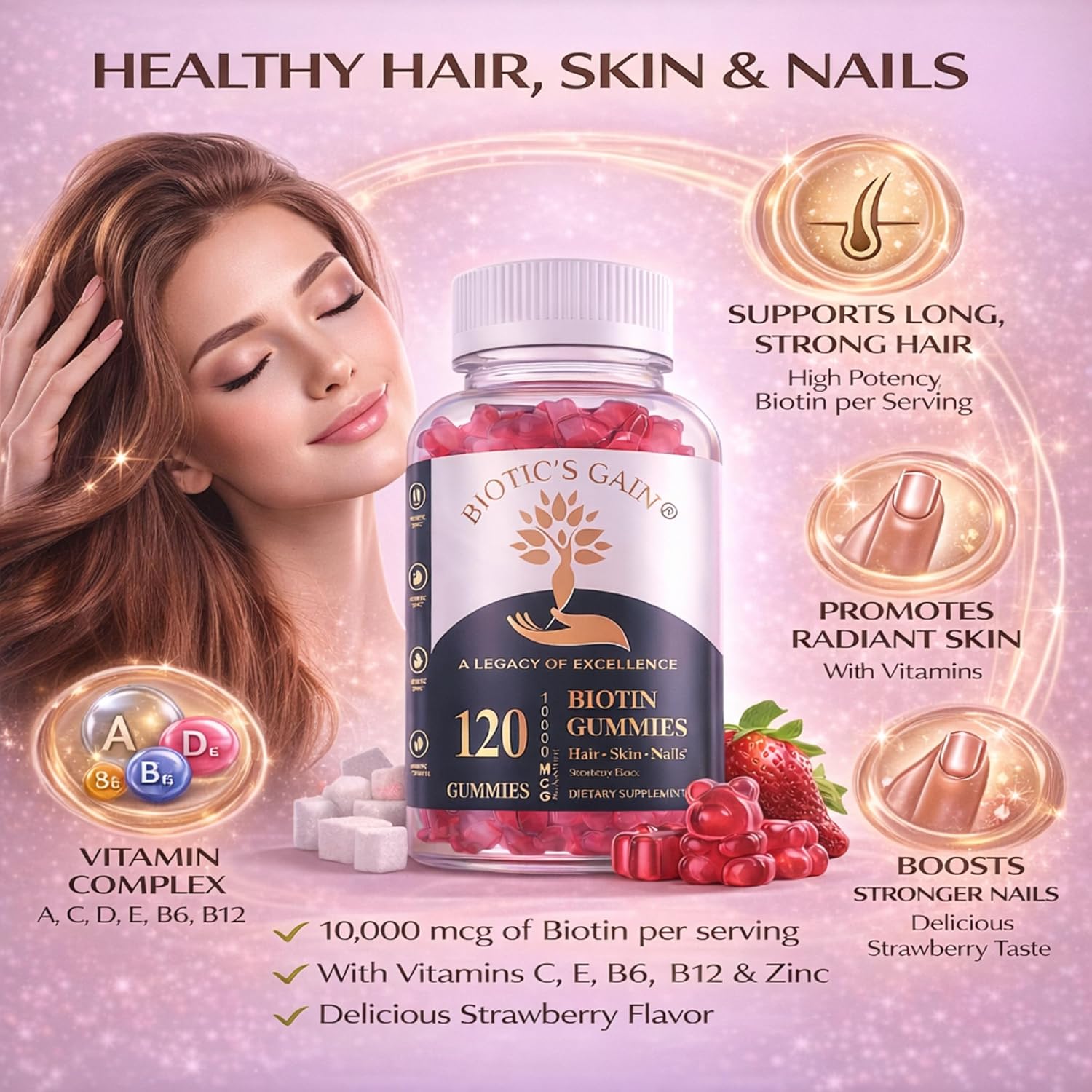 Biotic's Gain Biotin Gummies, 10000 mcg, Apoyo para Cabello, Piel y Uñas, con Vitaminas A C D E B6 B12 y Zinc, Vegano, Sin Azúcar, 120 Gominolas