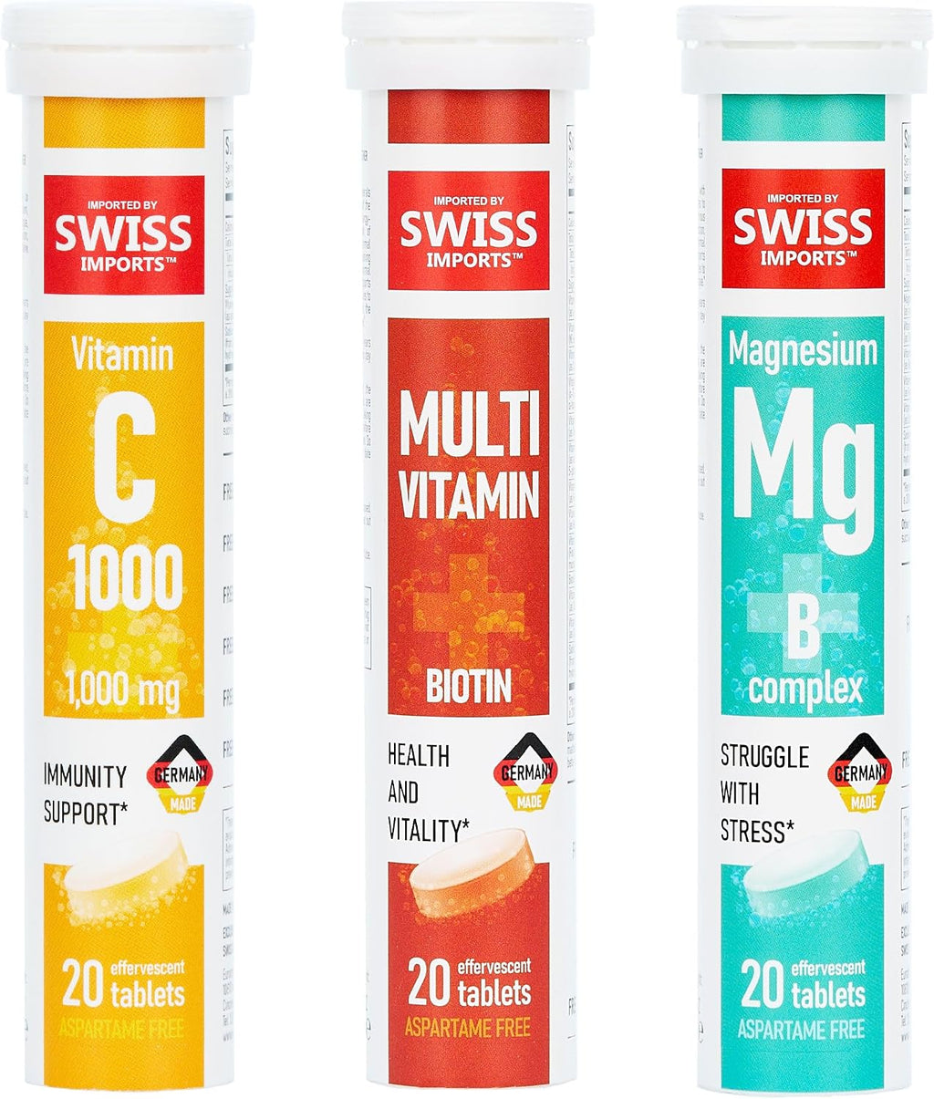Pack Variado Efervescente con Vitamina C 1000mg, Magnesio + Complejo B, Multivitamínico + Biotina - 12 Tubos, 240 Comprimidos