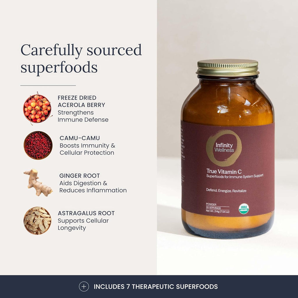 Infinity-C Mezcla Orgánica de Vitamina C en Polvo | Acerola, Camu Camu y Amla | 1000mg | Vegano, Sin OGM (30 porciones)