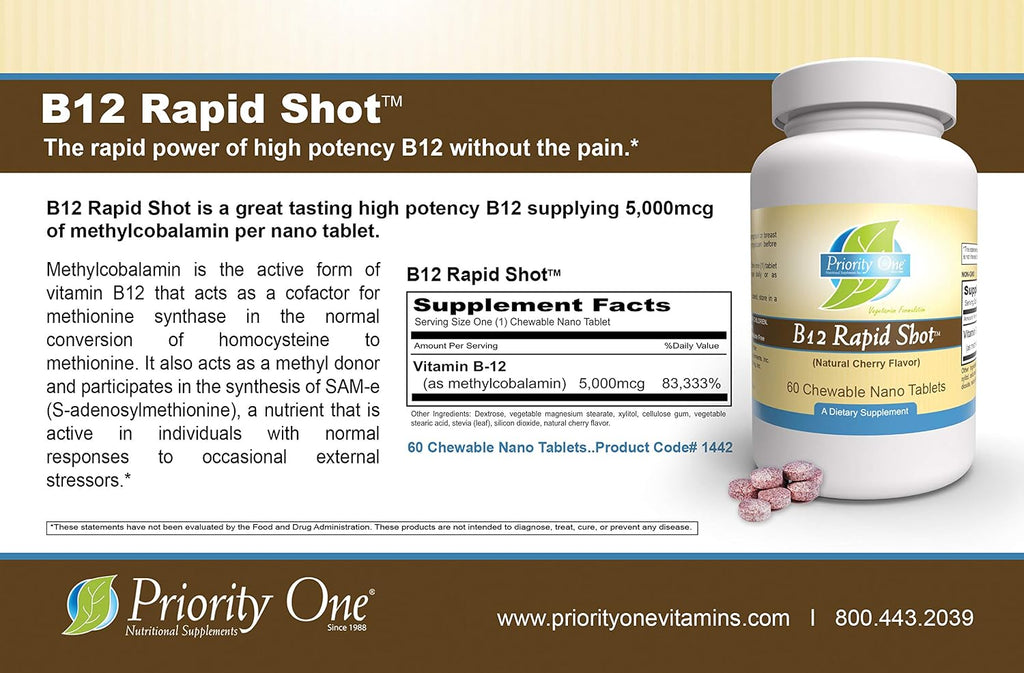 Priority One Vitamins B12 Rapid Shot 60 Comprimidos Masticables Nano - Metilcobalamina Vitamina B12