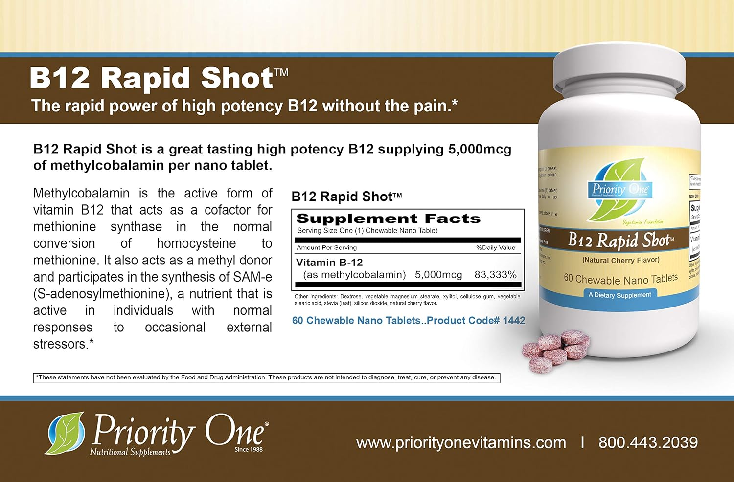 Priority One Vitamins B12 Rapid Shot 60 Comprimidos Masticables Nano - Metilcobalamina Vitamina B12