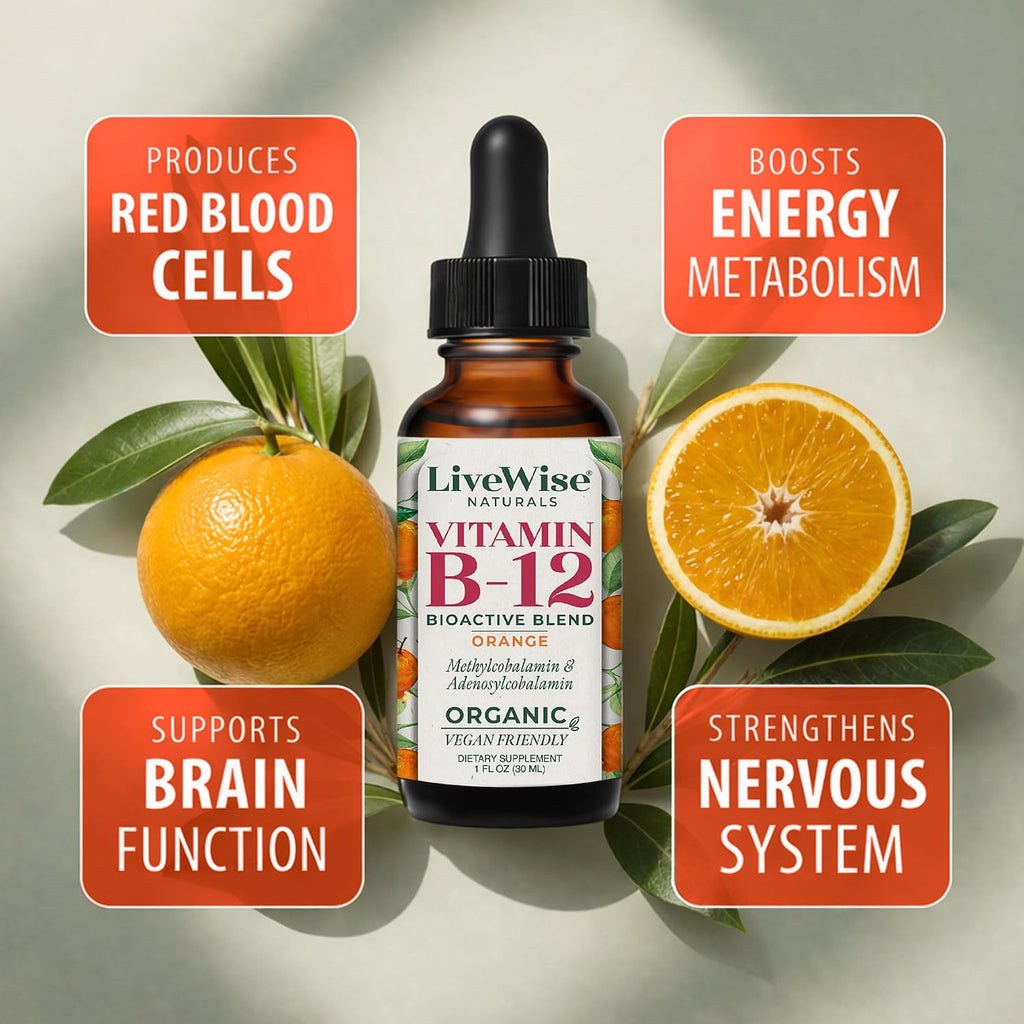 Organic Vitamin B12 1000 mcg Sublingual Liquid Drops - Naranja - 1 oz (6 Meses de Suministro)