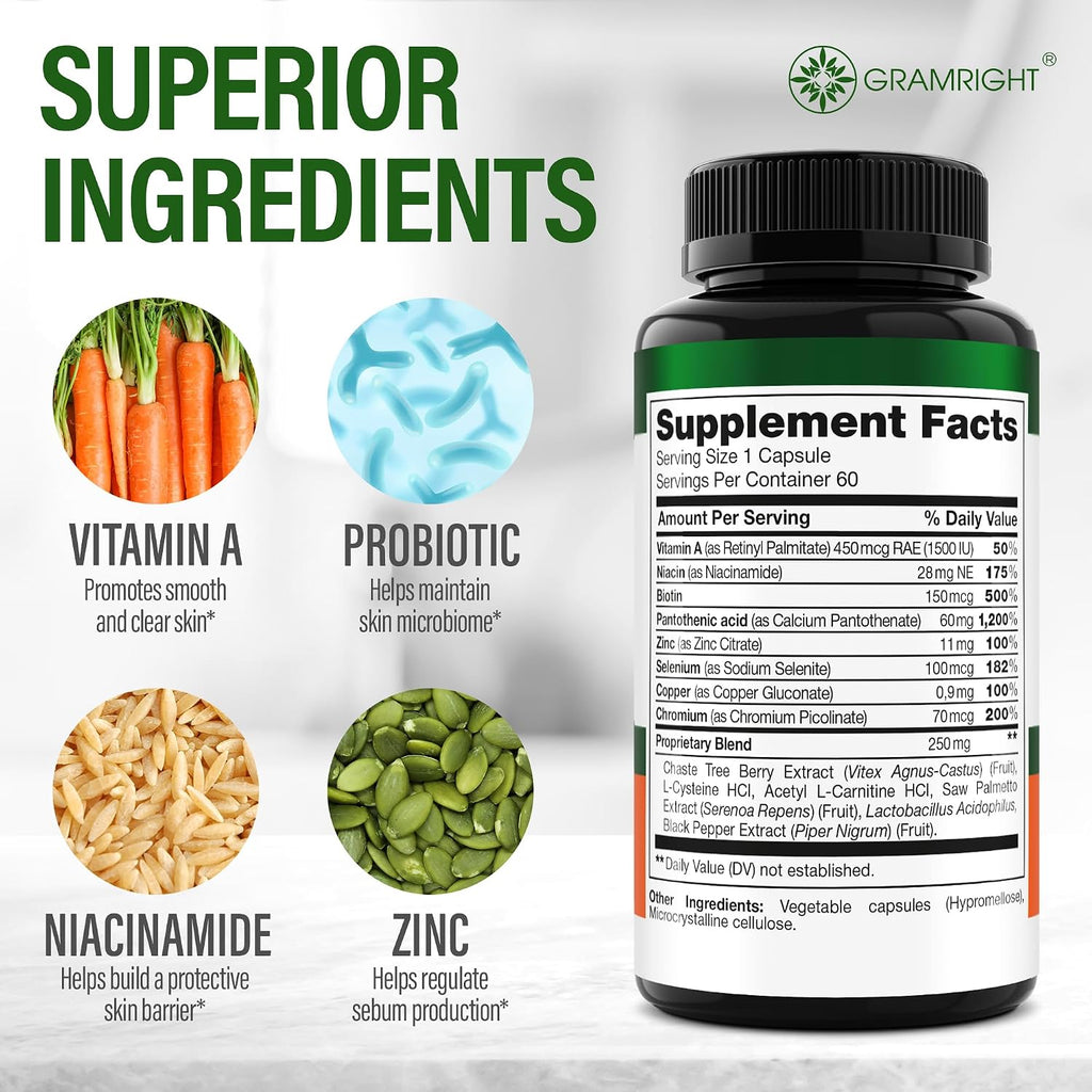 Perfect Skin Acne Pills - Suplemento para el Acné con Niacinamida, Probióticos y Zinc, 60 Cápsulas