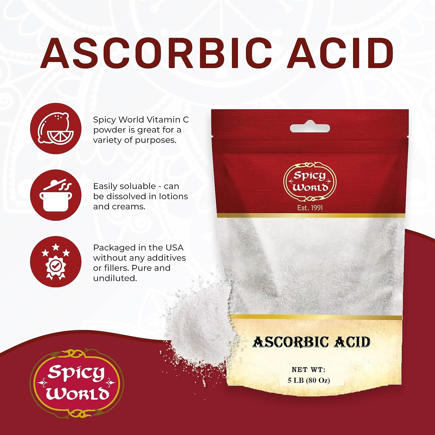 Spicy World Ácido Ascórbico Vitamina C en Polvo 2.27 kg - Polvo de Vitamina C Puro, USP a Granel